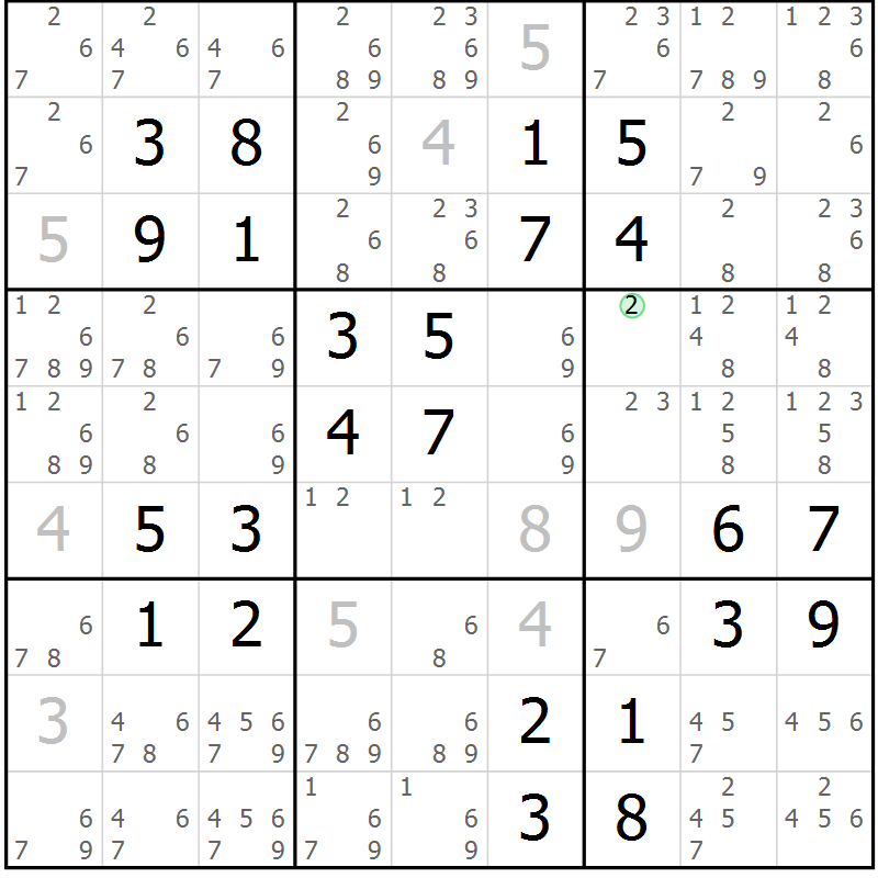 Position des candidats pour la solution de la Gr 46 page 49 du magazine de sudoku Virtuose n° 105