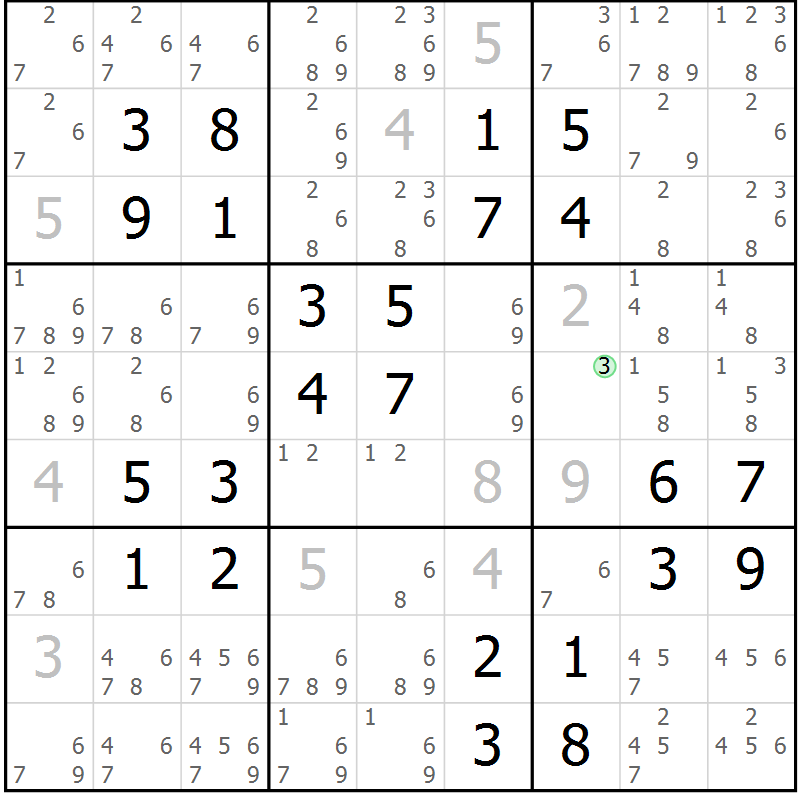 Position des candidats pour la solution de la Gr 46 page 49 du magazine de sudoku Virtuose n° 105