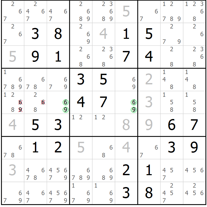 Position des candidats pour la solution de la Gr 46 page 49 du magazine de sudoku Virtuose n° 105