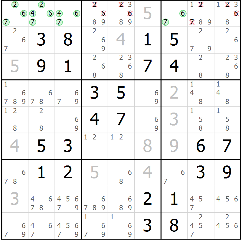 Position des candidats pour la solution de la Gr 46 page 49 du magazine de sudoku Virtuose n° 105