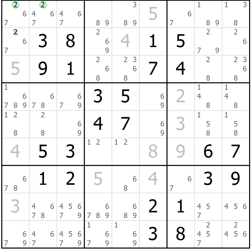 Position des candidats pour la solution de la Gr 46 page 49 du magazine de sudoku Virtuose n° 105