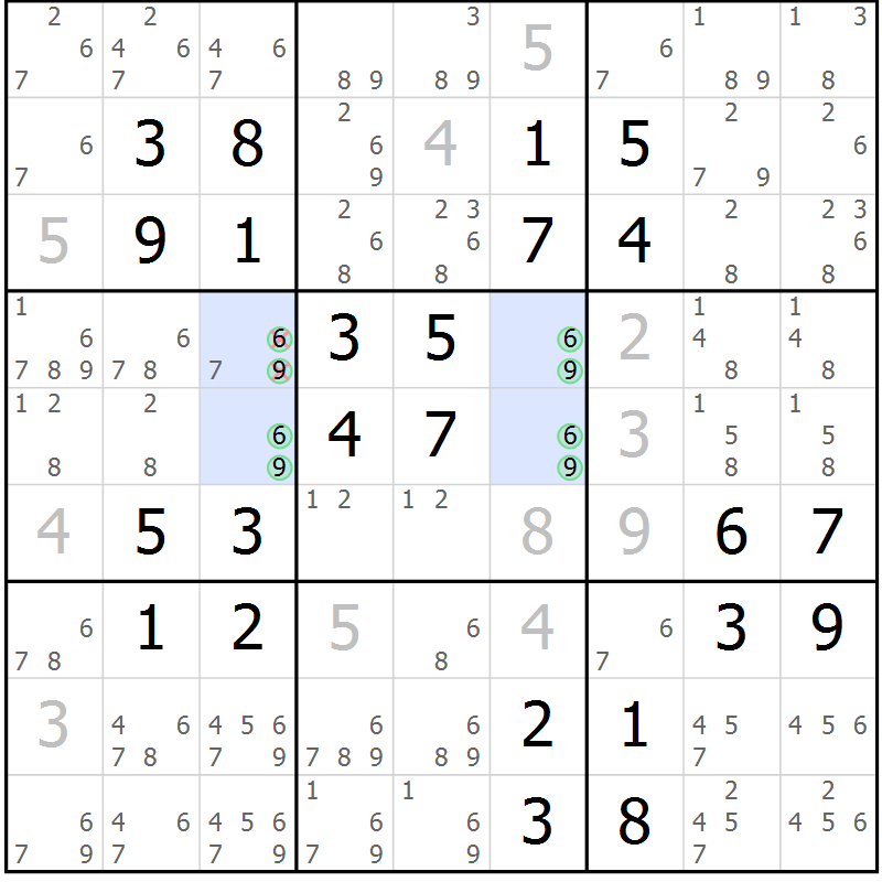 Position des candidats pour la solution de la Gr 46 page 49 du magazine de sudoku Virtuose n° 105
