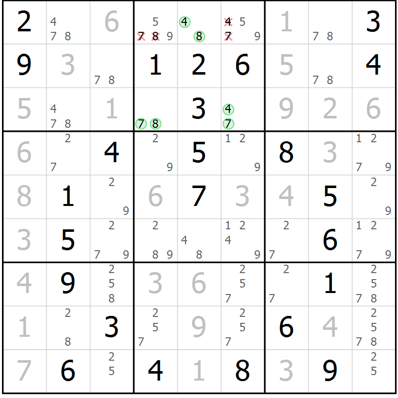 Position des candidats pour la solution de la Gr 47 page 50 du magazine de sudoku Virtuose n° 105