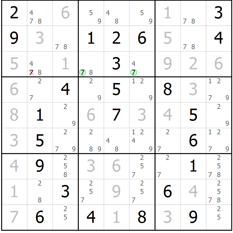 Position des candidats pour la solution de la Gr 47 page 50 du magazine de sudoku Virtuose n° 105