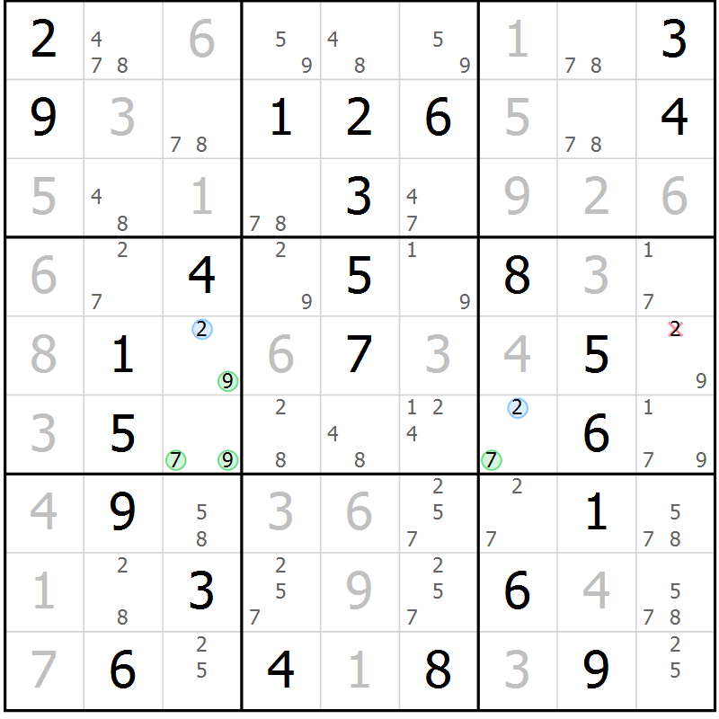 Position des candidats pour la solution de la Gr 47 page 50 du magazine de sudoku Virtuose n° 105