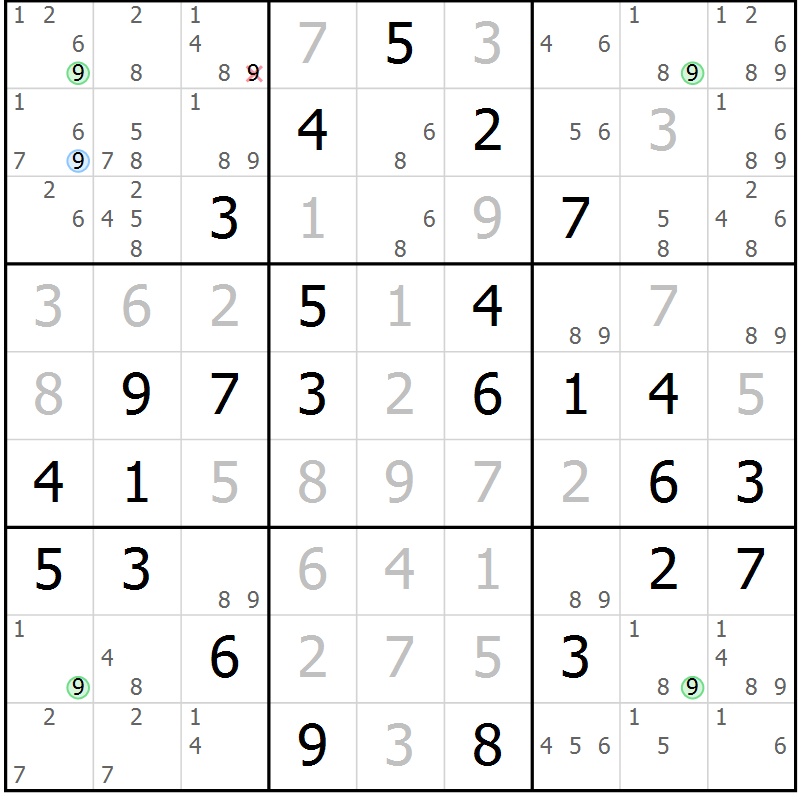 Position des candidats pour la solution de la Gr 48 page 51 du magazine de sudoku Virtuose n° 105