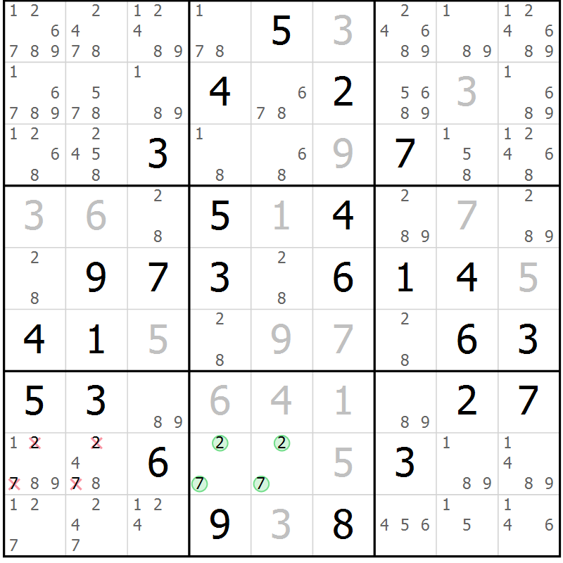 Position des candidats pour la solution de la Gr 48 page 51 du magazine de sudoku Virtuose n° 105