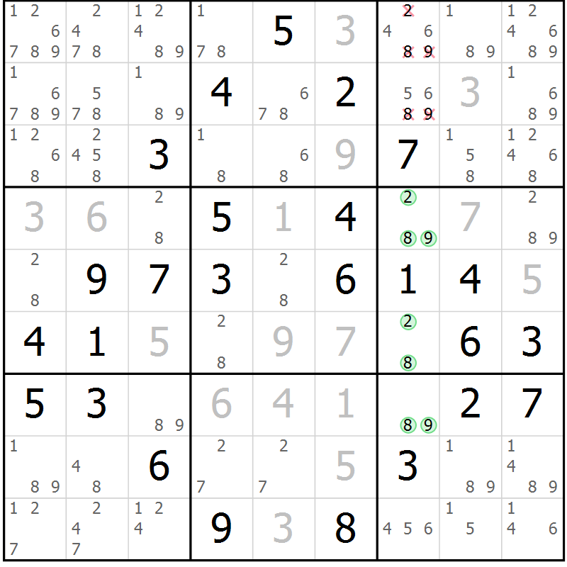 Position des candidats pour la solution de la Gr 48 page 51 du magazine de sudoku Virtuose n° 105