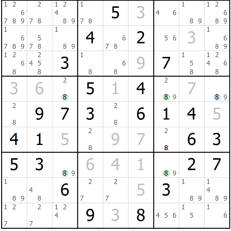 Position des candidats pour la solution de la Gr 48 page 51 du magazine de sudoku Virtuose n° 105
