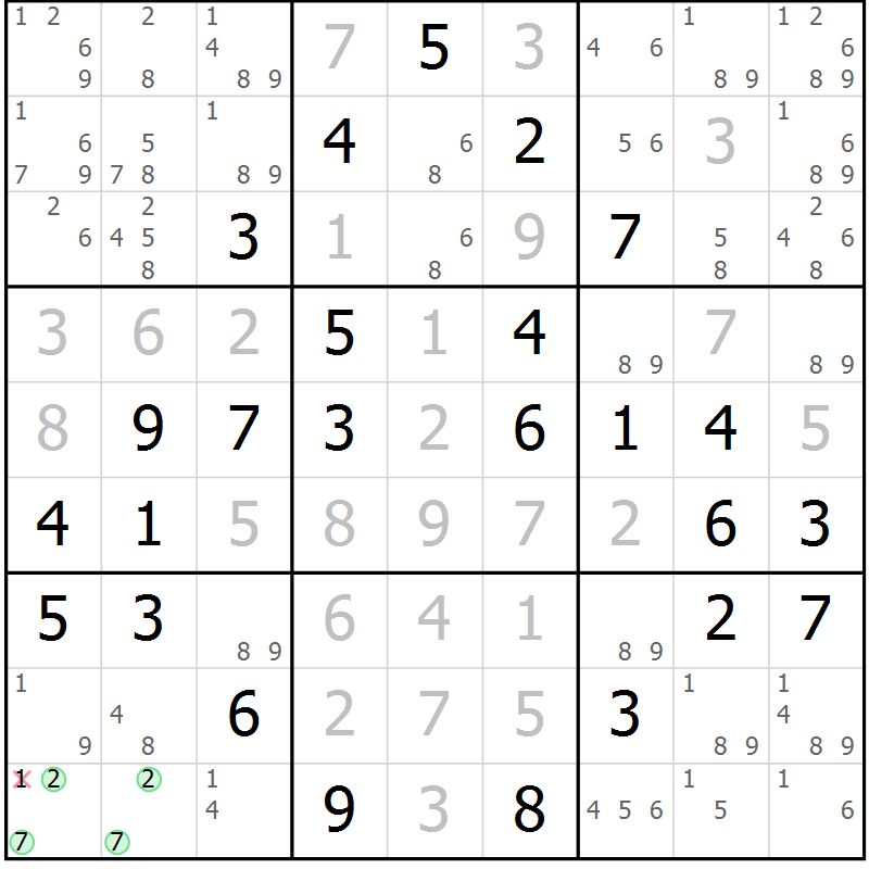 Position des candidats pour la solution de la Gr 48 page 51 du magazine de sudoku Virtuose n° 105