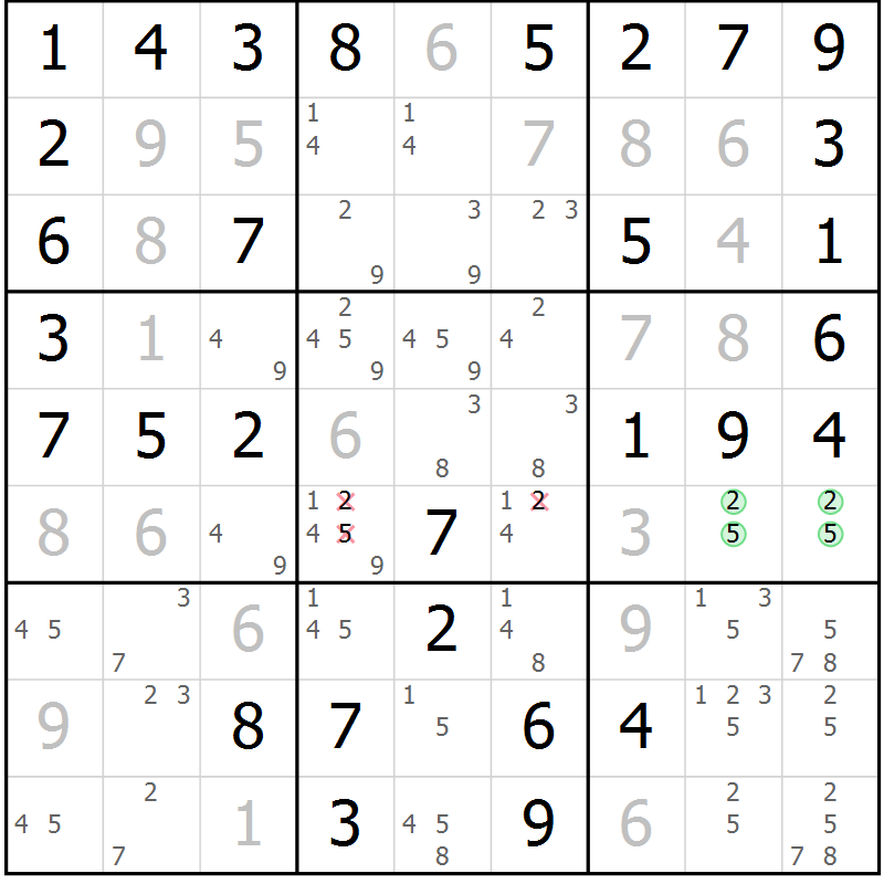 Position des candidats pour la solution de la Gr 49 page 52 du magazine de sudoku Virtuose n° 105