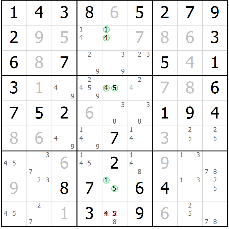 Position des candidats pour la solution de la Gr 49 page 52 du magazine de sudoku Virtuose n° 105