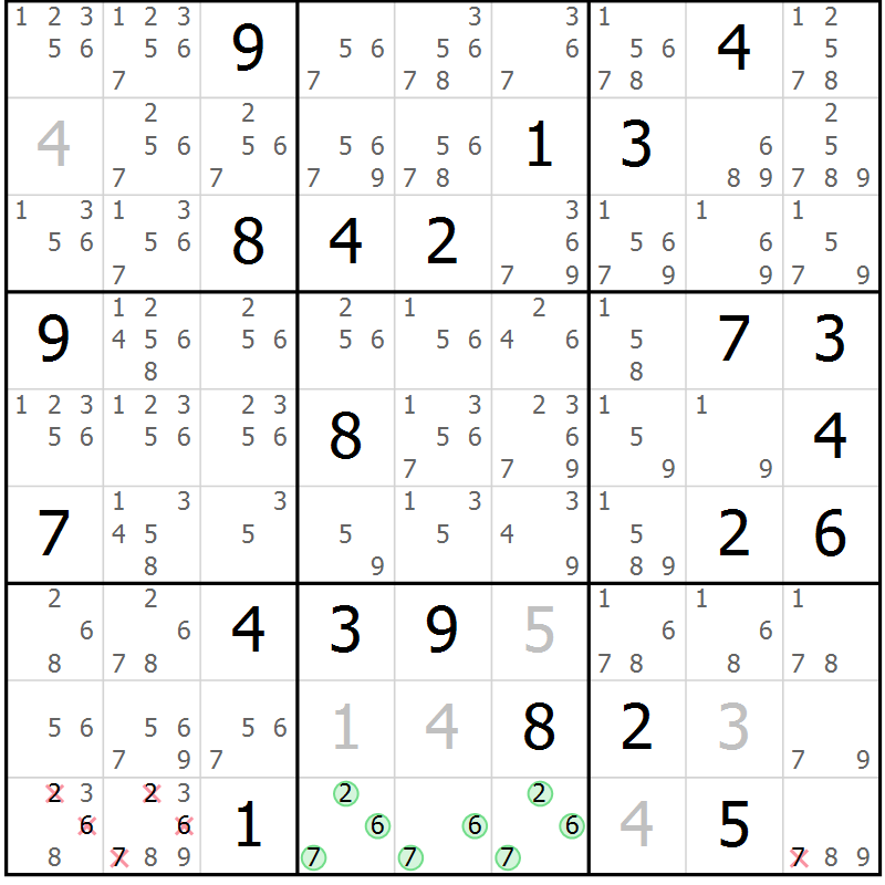 Position des candidats pour la solution de la Gr 5 page 8 du magazine de sudoku Virtuose n° 105