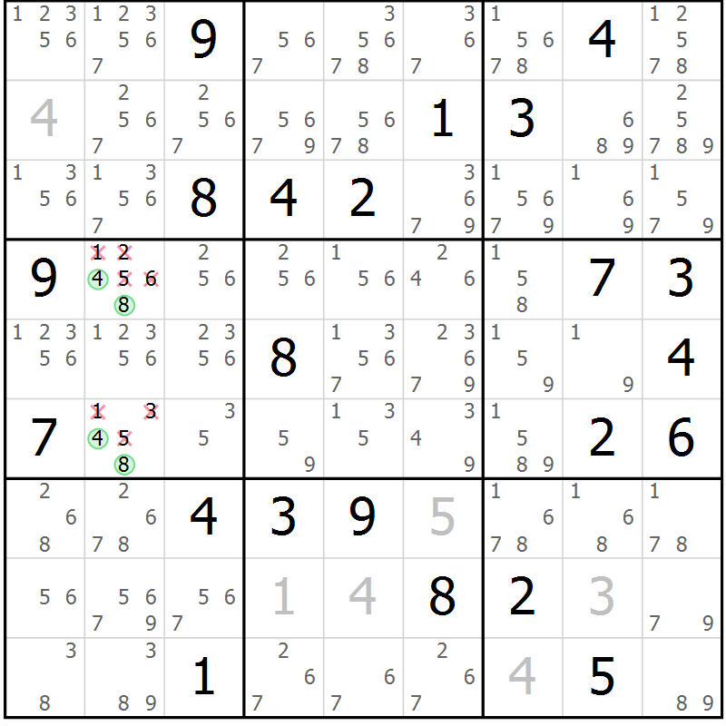 Position des candidats pour la solution de la Gr 5 page 8 du magazine de sudoku Virtuose n° 105