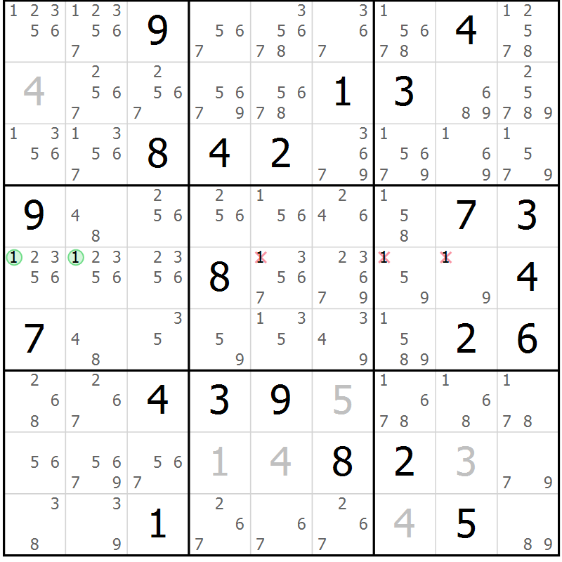 Position des candidats pour la solution de la Gr 5 page 8 du magazine de sudoku Virtuose n° 105