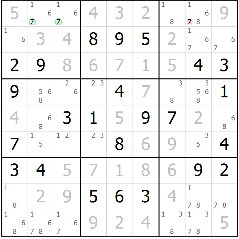 Position des candidats pour la solution de la Gr 50 page 53 du magazine de sudoku Virtuose n° 105