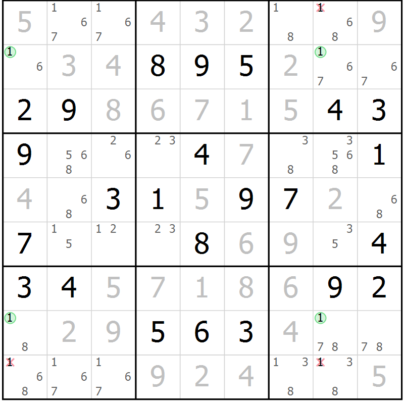 Position des candidats pour la solution de la Gr 50 page 53 du magazine de sudoku Virtuose n° 105