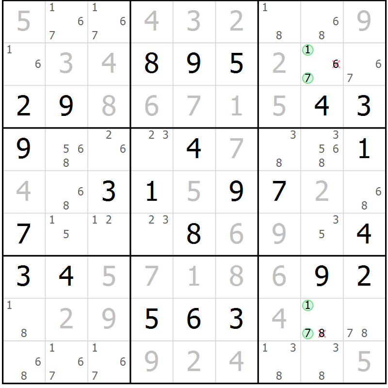 Position des candidats pour la solution de la Gr 50 page 53 du magazine de sudoku Virtuose n° 105