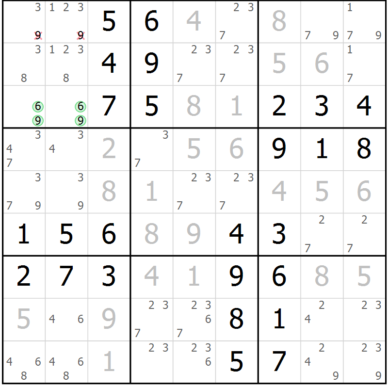 Position des candidats pour la solution de la Gr 51 page 54 du magazine de sudoku Virtuose n° 105