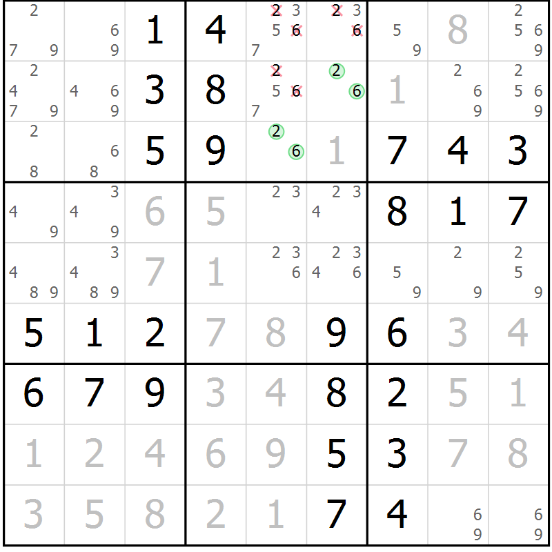 Position des candidats pour la solution de la Gr 52 page 55 du magazine de sudoku Virtuose n° 105
