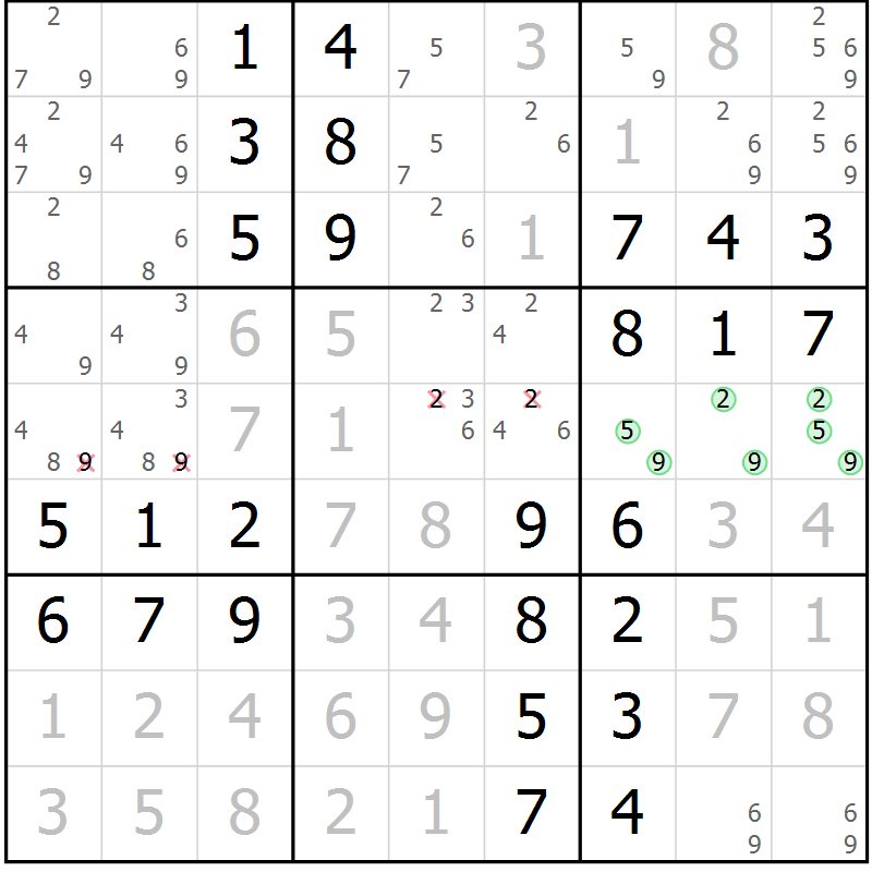 Position des candidats pour la solution de la Gr 52 page 55 du magazine de sudoku Virtuose n° 105