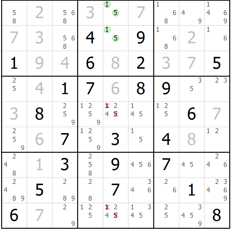 Position des candidats pour la solution de la Gr 53 page 56 du magazine de sudoku Virtuose n° 105