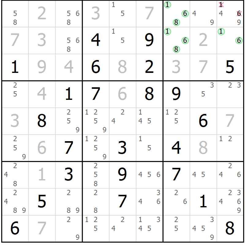 Position des candidats pour la solution de la Gr 53 page 56 du magazine de sudoku Virtuose n° 105