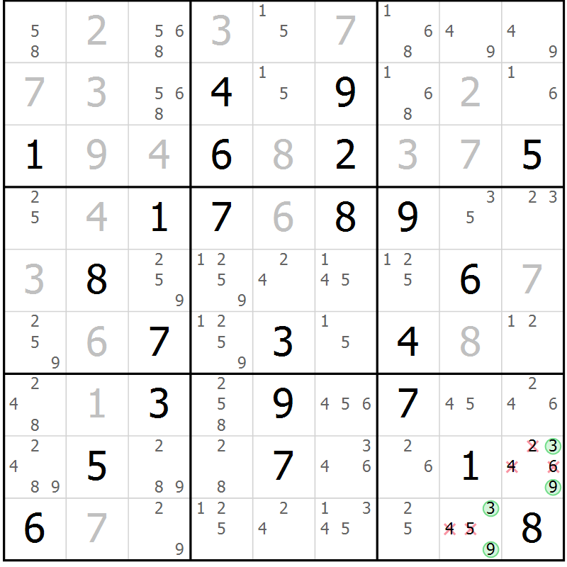 Position des candidats pour la solution de la Gr 53 page 56 du magazine de sudoku Virtuose n° 105