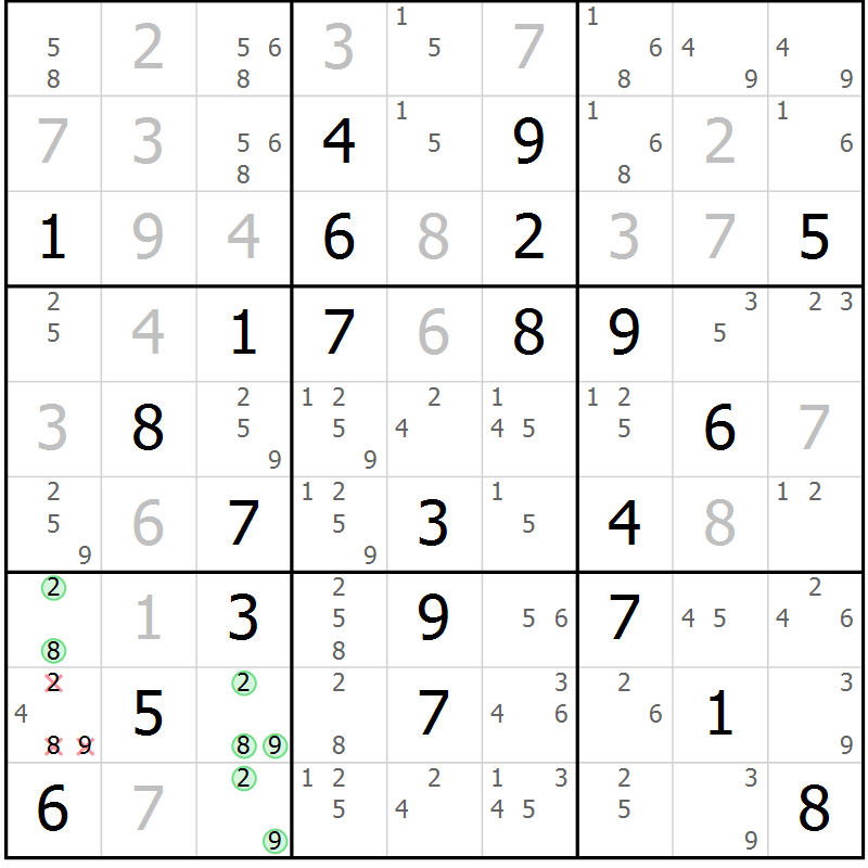 Position des candidats pour la solution de la Gr 53 page 56 du magazine de sudoku Virtuose n° 105