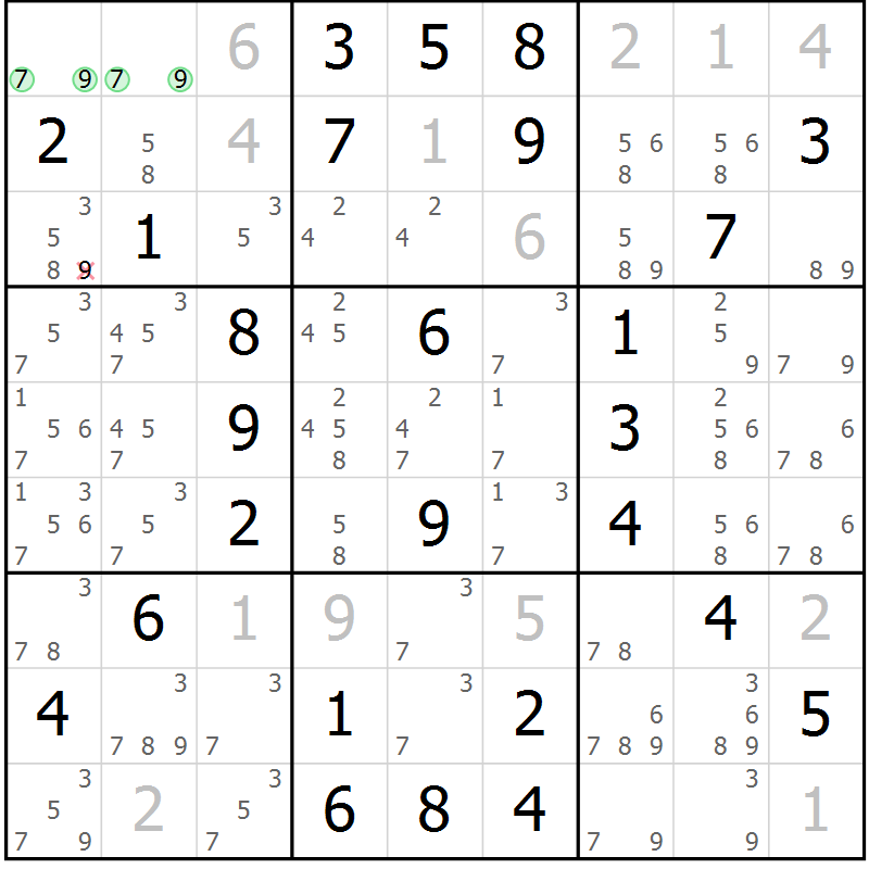 Position des candidats pour la solution de la Gr 54 page 57 du magazine de sudoku Virtuose n° 105