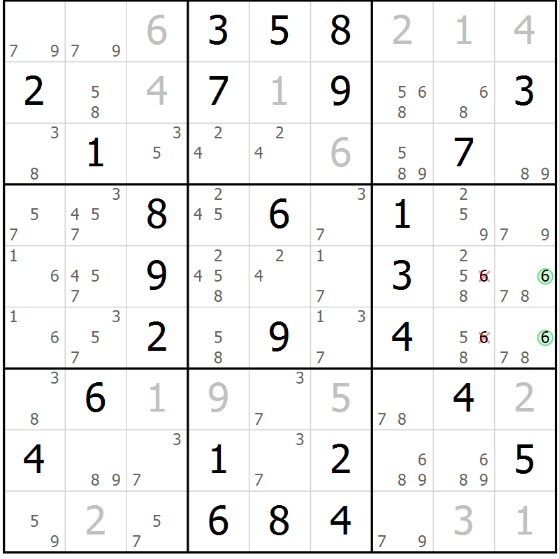 Position des candidats pour la solution de la Gr 54 page 57 du magazine de sudoku Virtuose n° 105