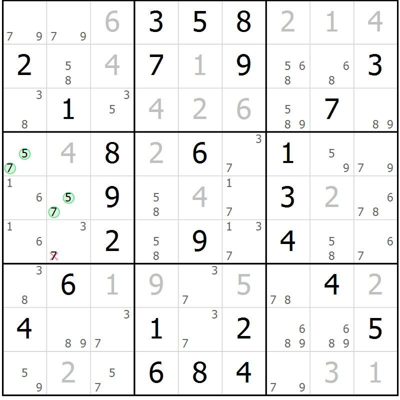 Position des candidats pour la solution de la Gr 54 page 57 du magazine de sudoku Virtuose n° 105