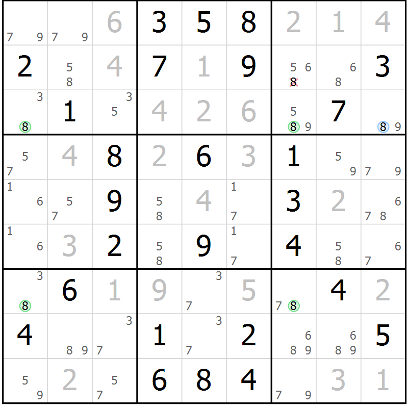 Position des candidats pour la solution de la Gr 54 page 57 du magazine de sudoku Virtuose n° 105