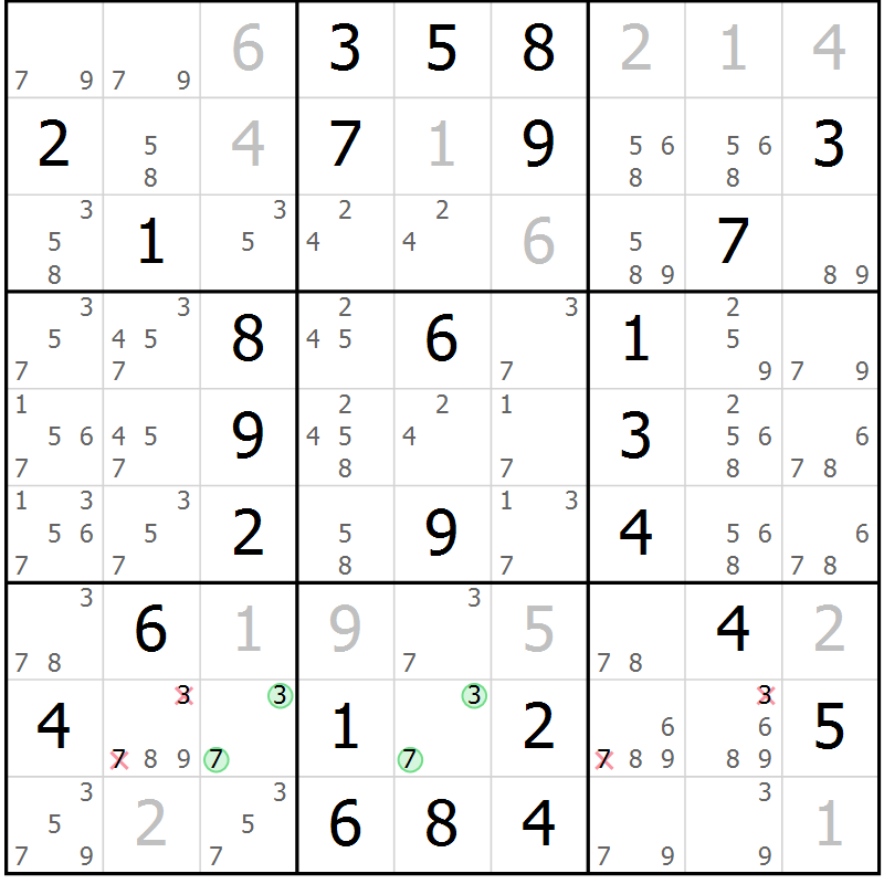 Position des candidats pour la solution de la Gr 54 page 57 du magazine de sudoku Virtuose n° 105