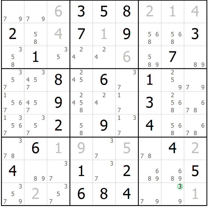 Position des candidats pour la solution de la Gr 54 page 57 du magazine de sudoku Virtuose n° 105
