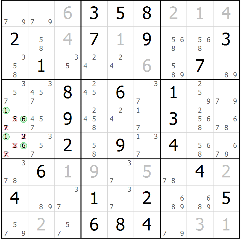 Position des candidats pour la solution de la Gr 54 page 57 du magazine de sudoku Virtuose n° 105
