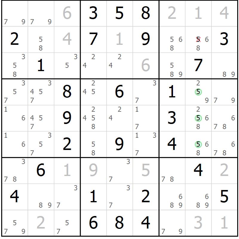 Position des candidats pour la solution de la Gr 54 page 57 du magazine de sudoku Virtuose n° 105