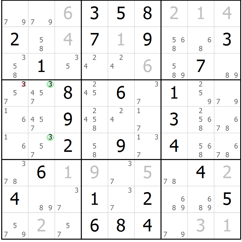 Position des candidats pour la solution de la Gr 54 page 57 du magazine de sudoku Virtuose n° 105