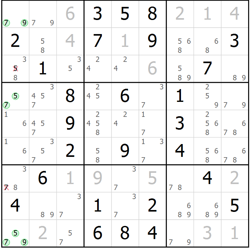 Position des candidats pour la solution de la Gr 54 page 57 du magazine de sudoku Virtuose n° 105