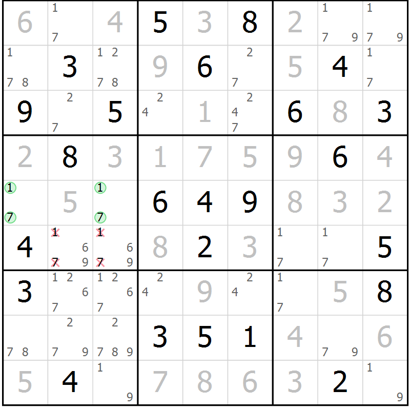 Position des candidats pour la solution de la Gr 55 page 58 du magazine de sudoku Virtuose n° 105