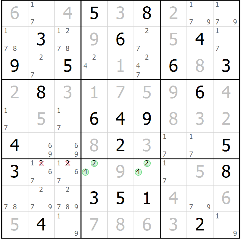 Position des candidats pour la solution de la Gr 55 page 58 du magazine de sudoku Virtuose n° 105