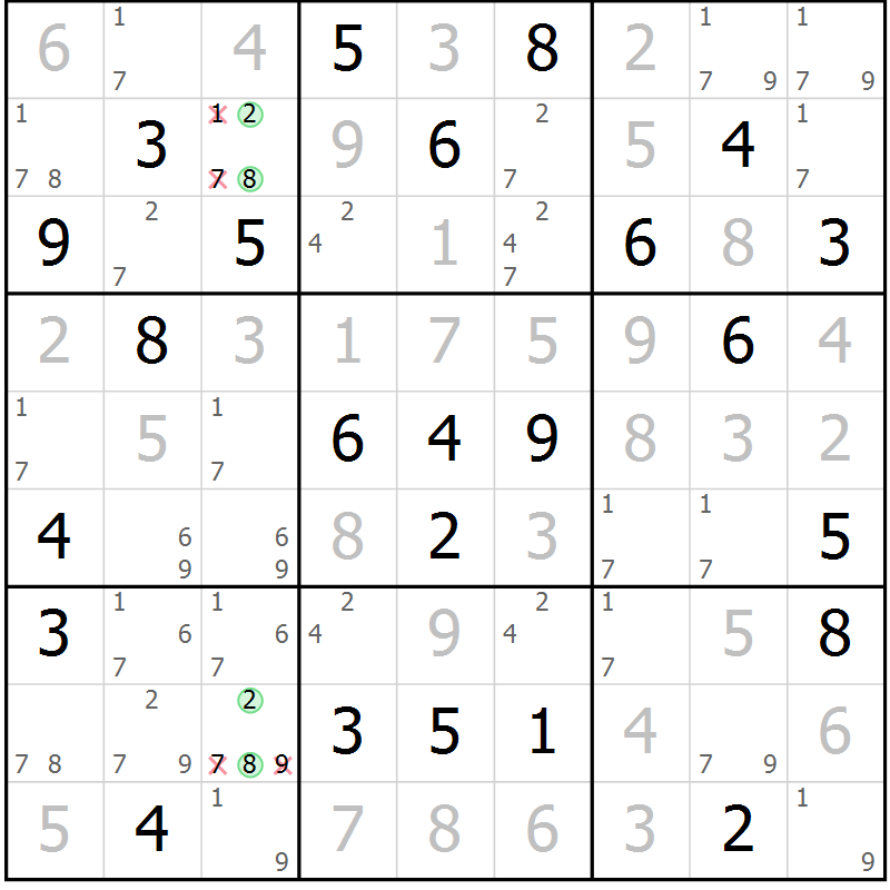 Position des candidats pour la solution de la Gr 55 page 58 du magazine de sudoku Virtuose n° 105