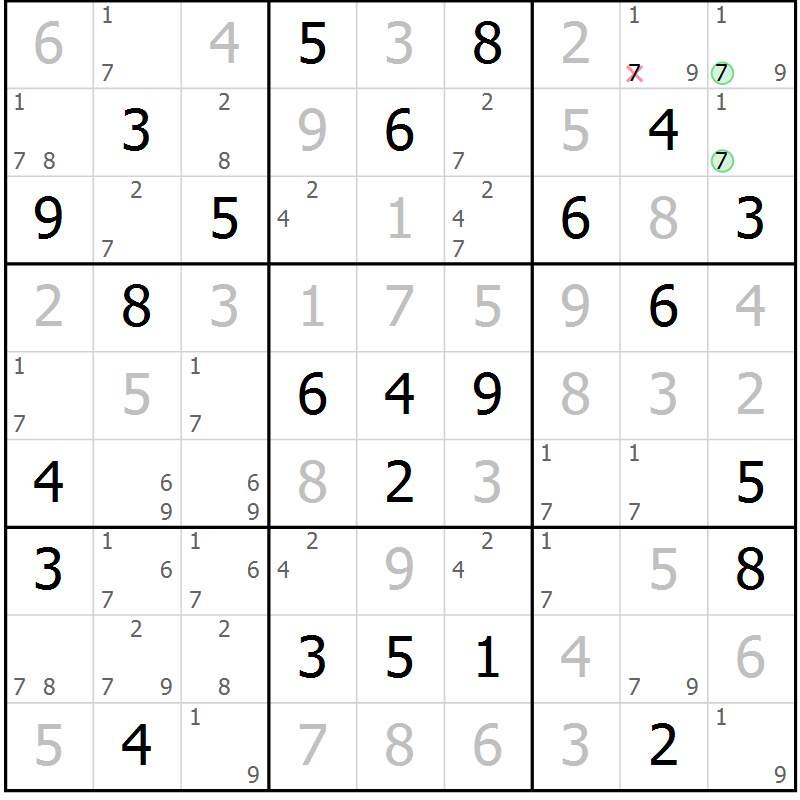 Position des candidats pour la solution de la Gr 55 page 58 du magazine de sudoku Virtuose n° 105