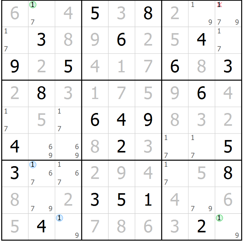 Position des candidats pour la solution de la Gr 55 page 58 du magazine de sudoku Virtuose n° 105