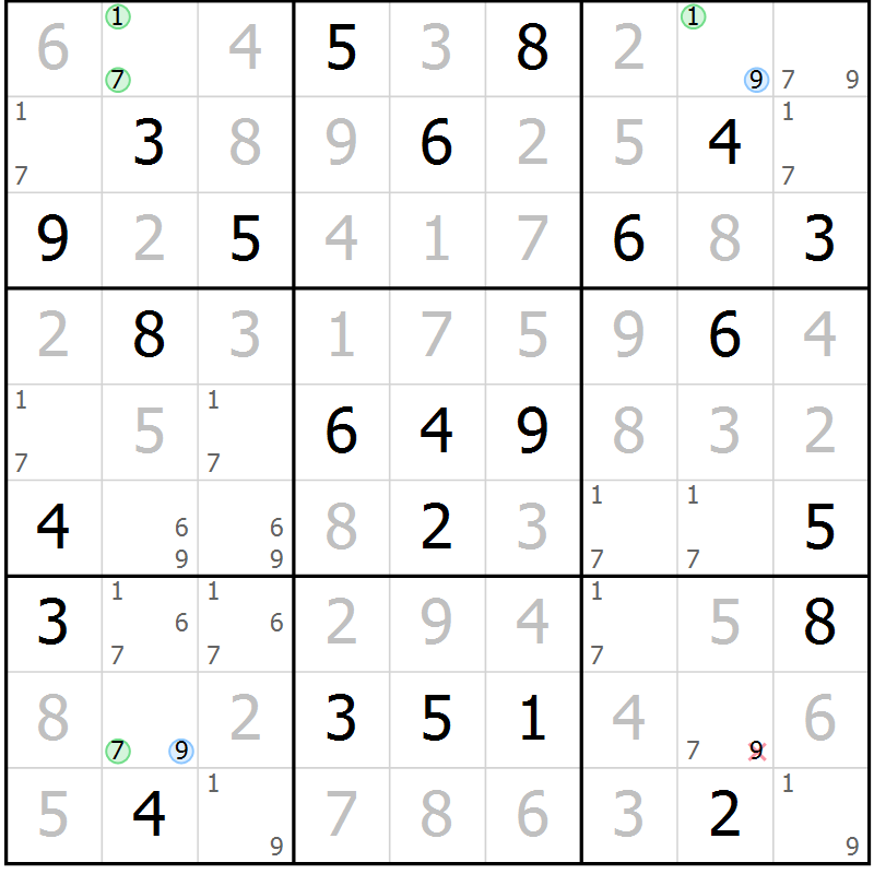 Position des candidats pour la solution de la Gr 55 page 58 du magazine de sudoku Virtuose n° 105