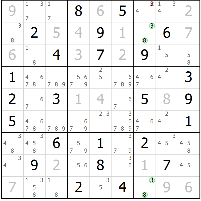 Position des candidats pour la solution de la Gr 56 page 59 du magazine de sudoku Virtuose n° 105