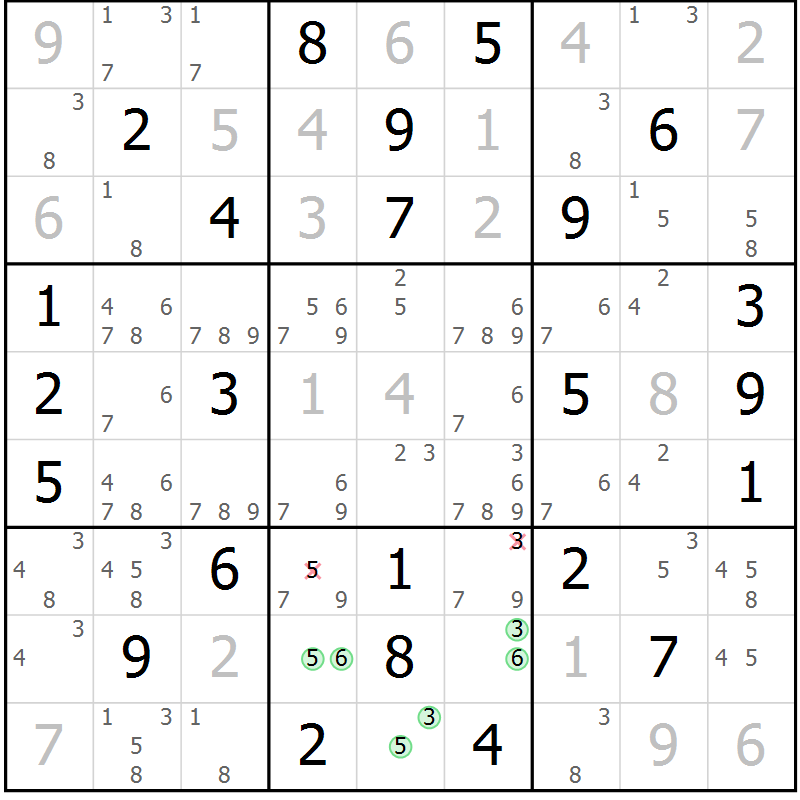 Position des candidats pour la solution de la Gr 56 page 59 du magazine de sudoku Virtuose n° 105