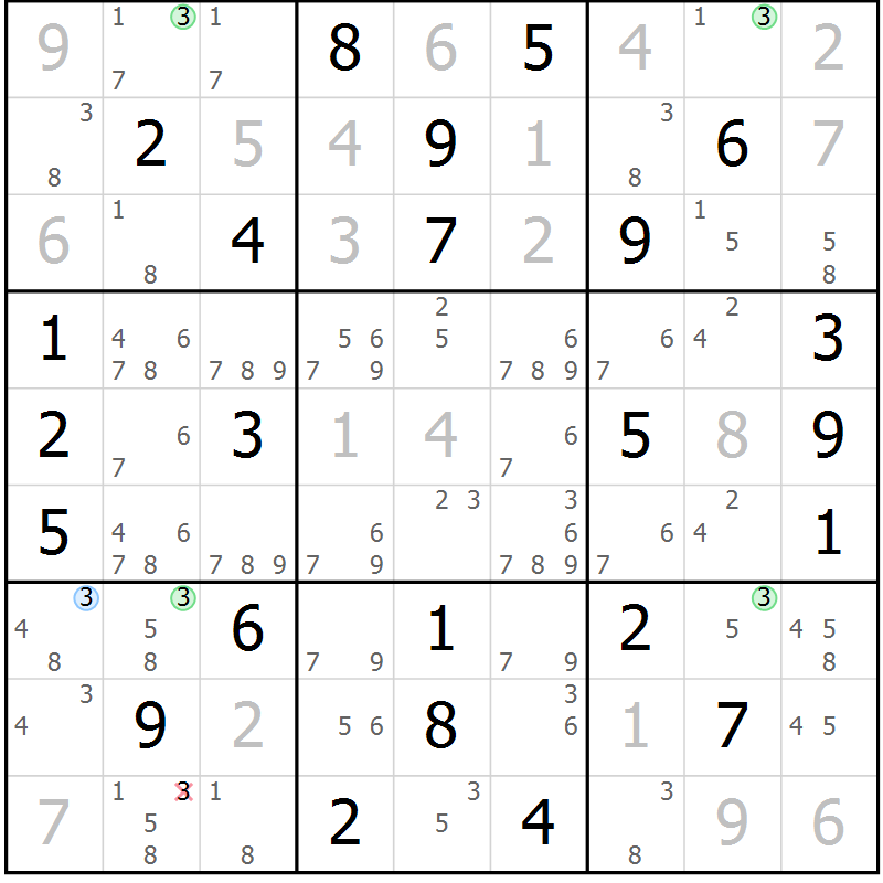 Position des candidats pour la solution de la Gr 56 page 59 du magazine de sudoku Virtuose n° 105