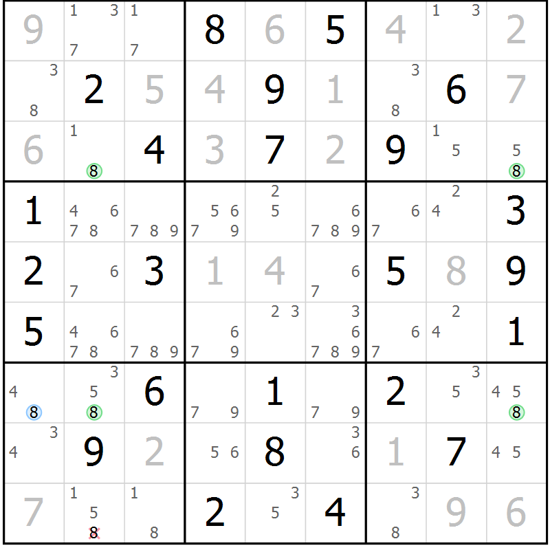 Position des candidats pour la solution de la Gr 56 page 59 du magazine de sudoku Virtuose n° 105
