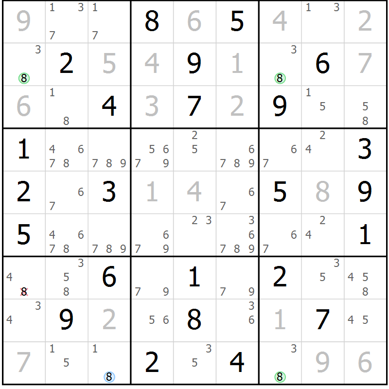 Position des candidats pour la solution de la Gr 56 page 59 du magazine de sudoku Virtuose n° 105